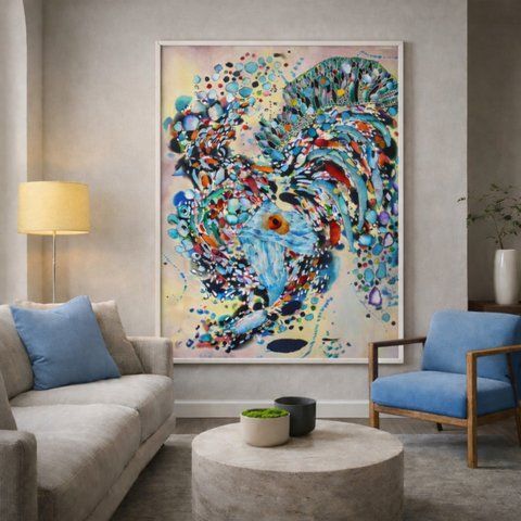 Batik Rooster. Painting on natural silk 119x83cm